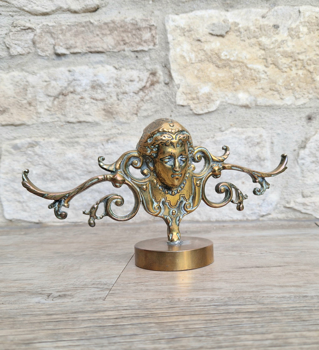 Brass Neo Classical Female Figural Pediment Mounted On Heavy Antique Paperweight