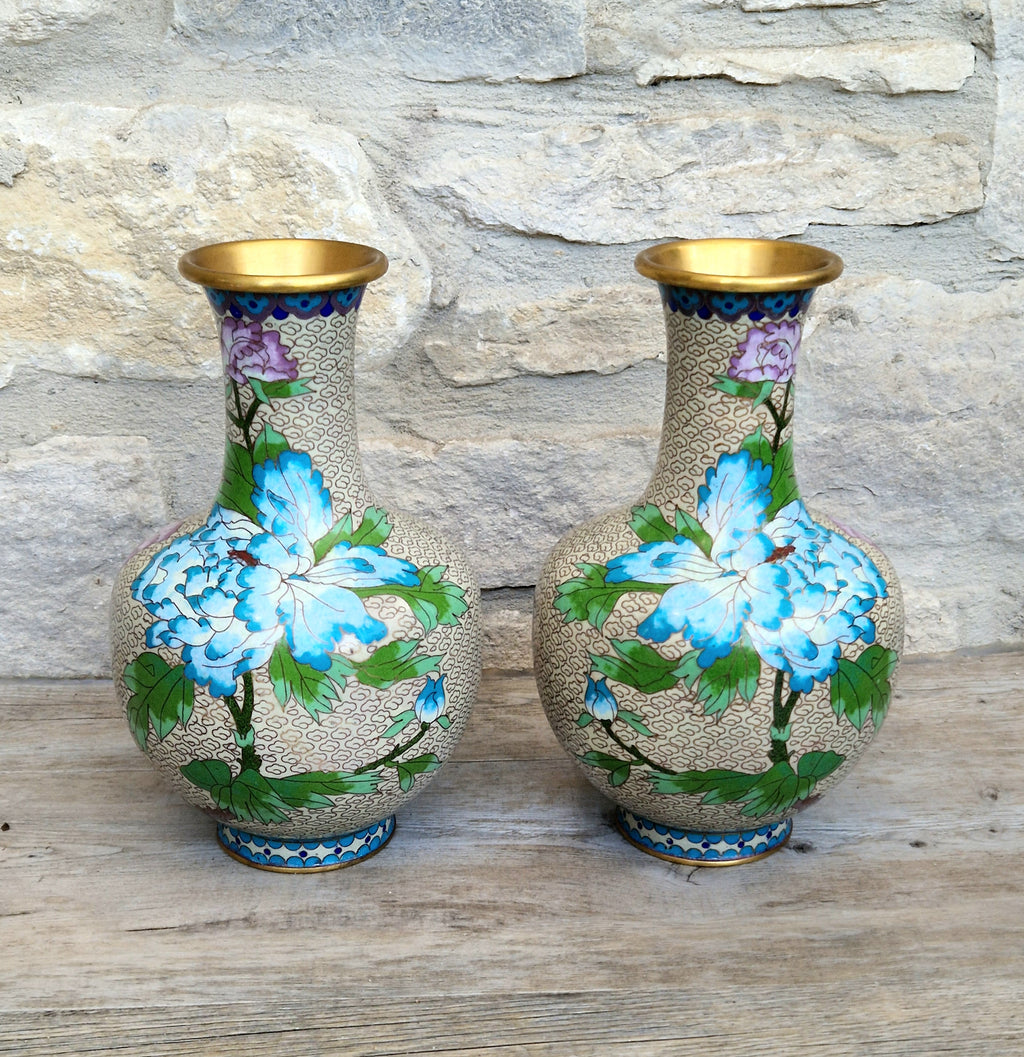 Pair Of Large Cloisonne Mirror Matched Peony Vases Mid 20th Century Exemplary Condition 23cm