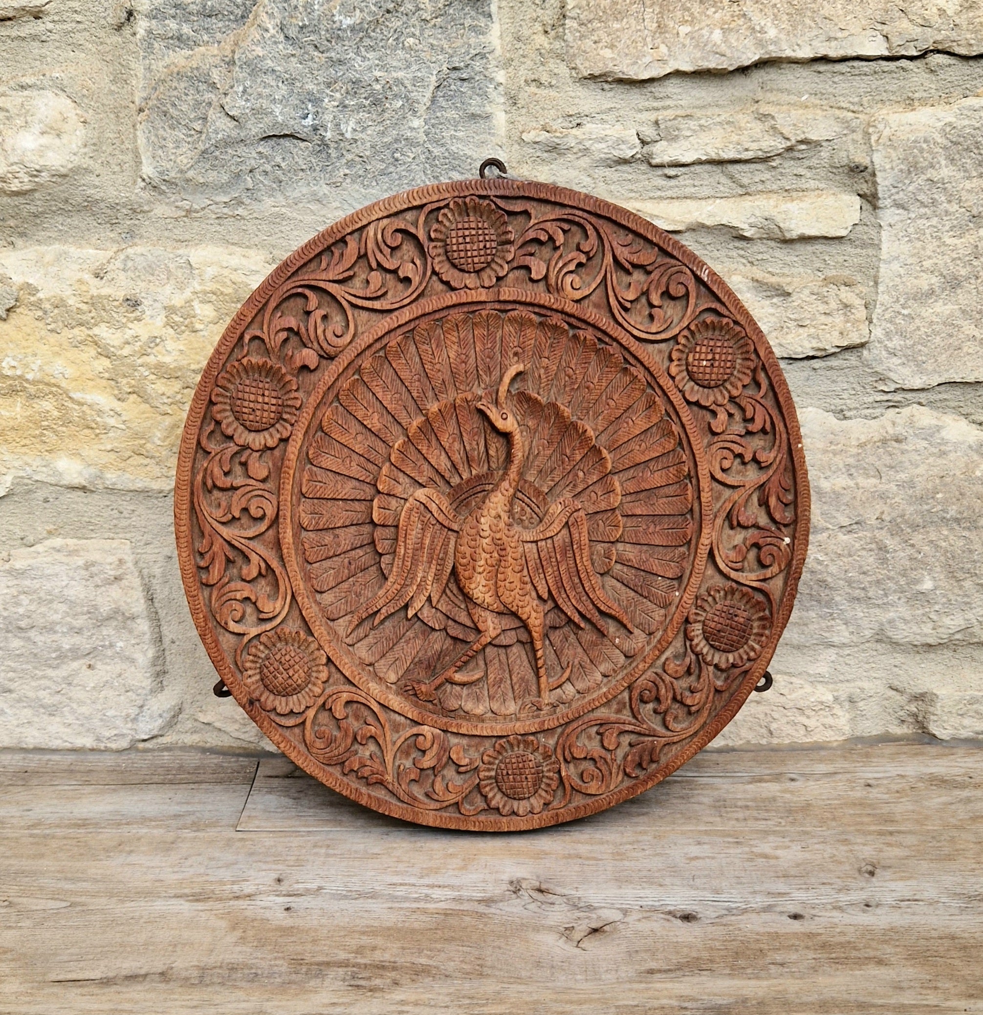 19th c. Colonial Anglo-Indian Hand-Carved Teak Wood Dancing Peacock Disc Panel 30cm