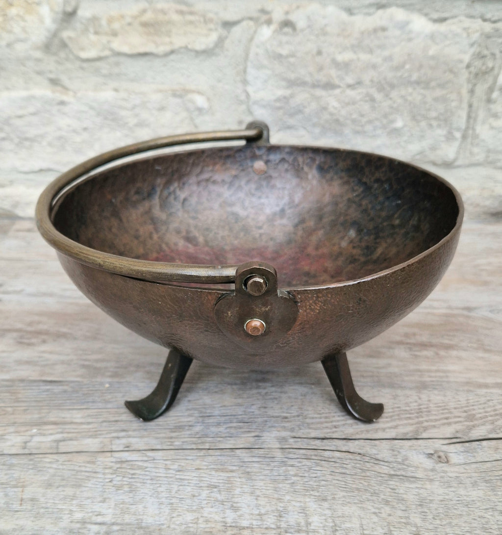 Antique Arts & Crafts Hand Beaten Solid Copper Brass Handled Tri-Foot Planter Bowl c.1890-1900's