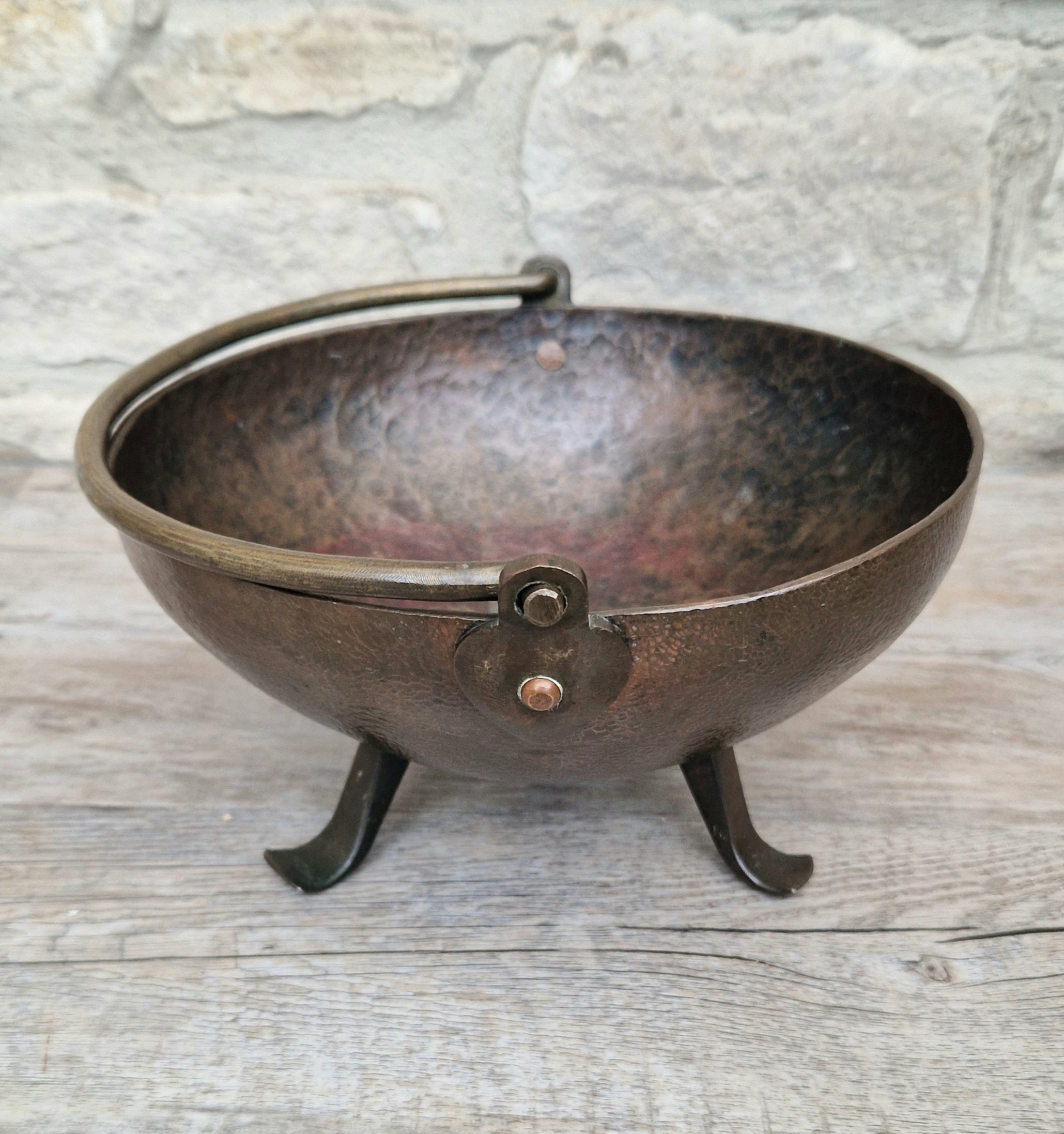 Antique Arts & Crafts Hand Beaten Solid Copper Brass Handled Tri-Foot Planter Bowl c.1890-1900's