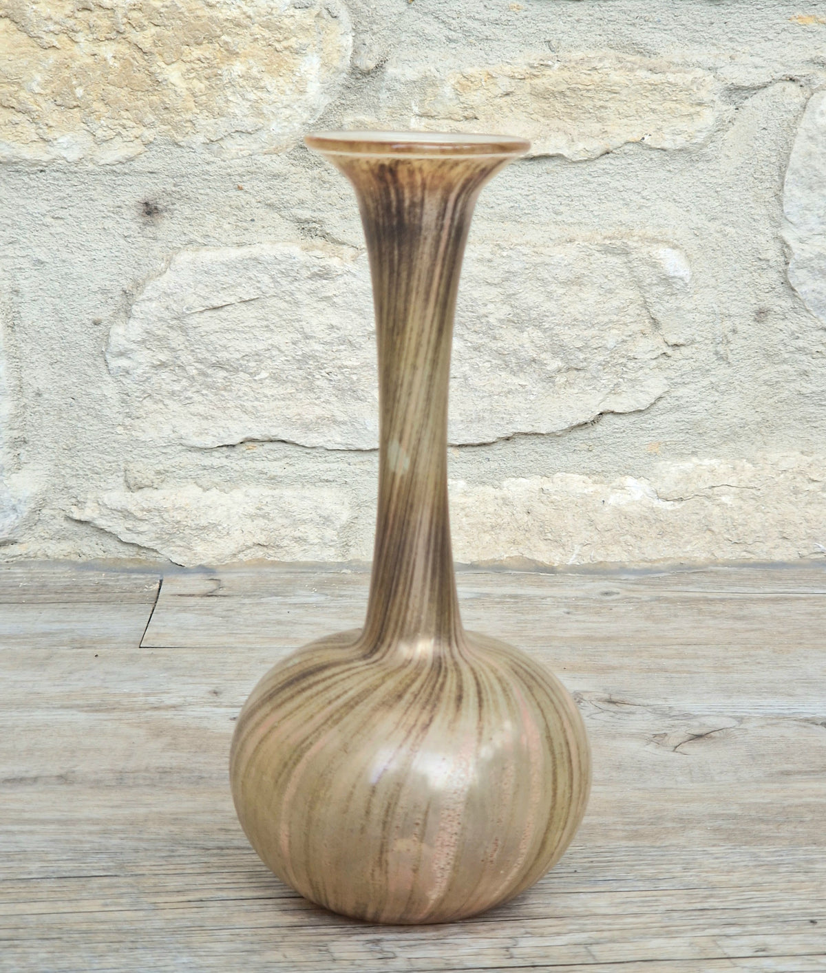 Vintage Peloton Style Art Glass Vase, Marvered Textured Swirl Decoration, Iridescent Handblown Studio Glass Collectible