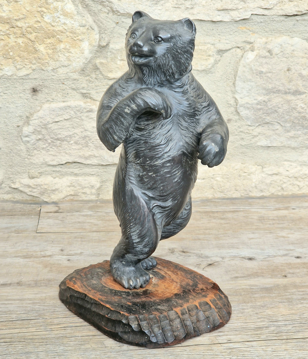 Cast Spelter Standing Bear Sculpture On Rustic Wood Base Rare Antique Art Deco