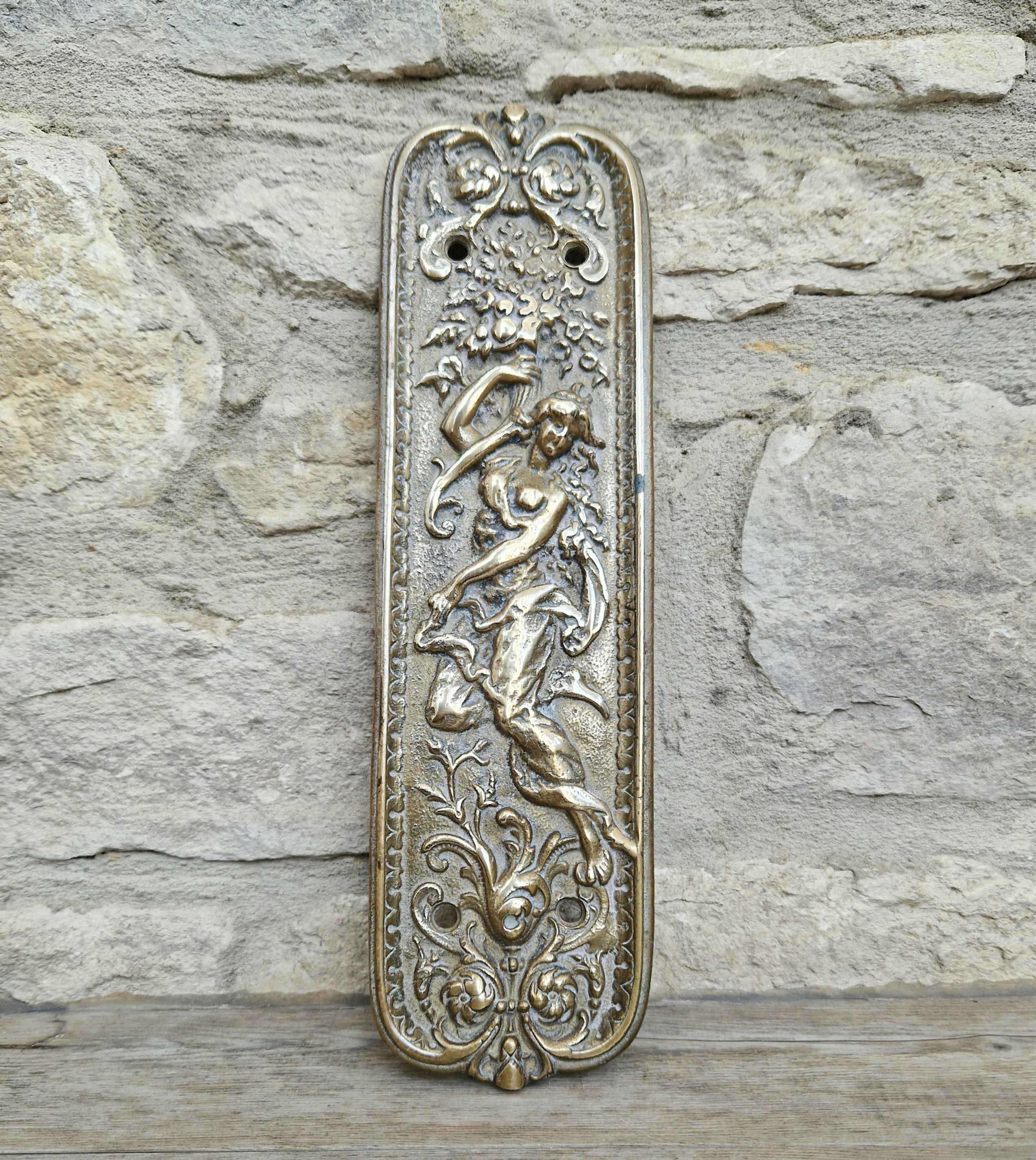Cast Brass Art Nouveau Figural Relief Large Door Push Finger Plate Antique