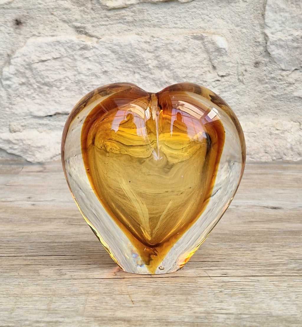 Vintage Mid Century Murano Sommerso Amber Art Glass Heart Vase Paperweight Seguso Sculptural Decor