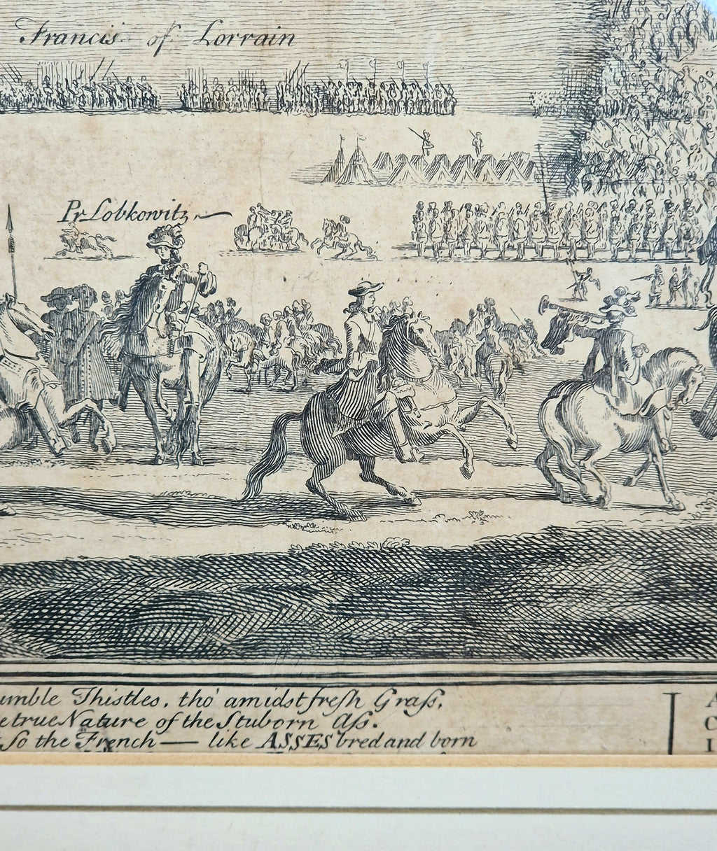 1742 Prague Siege Antique Copperplate Engraving John Bickham Military Battle Map Satire Print Framed