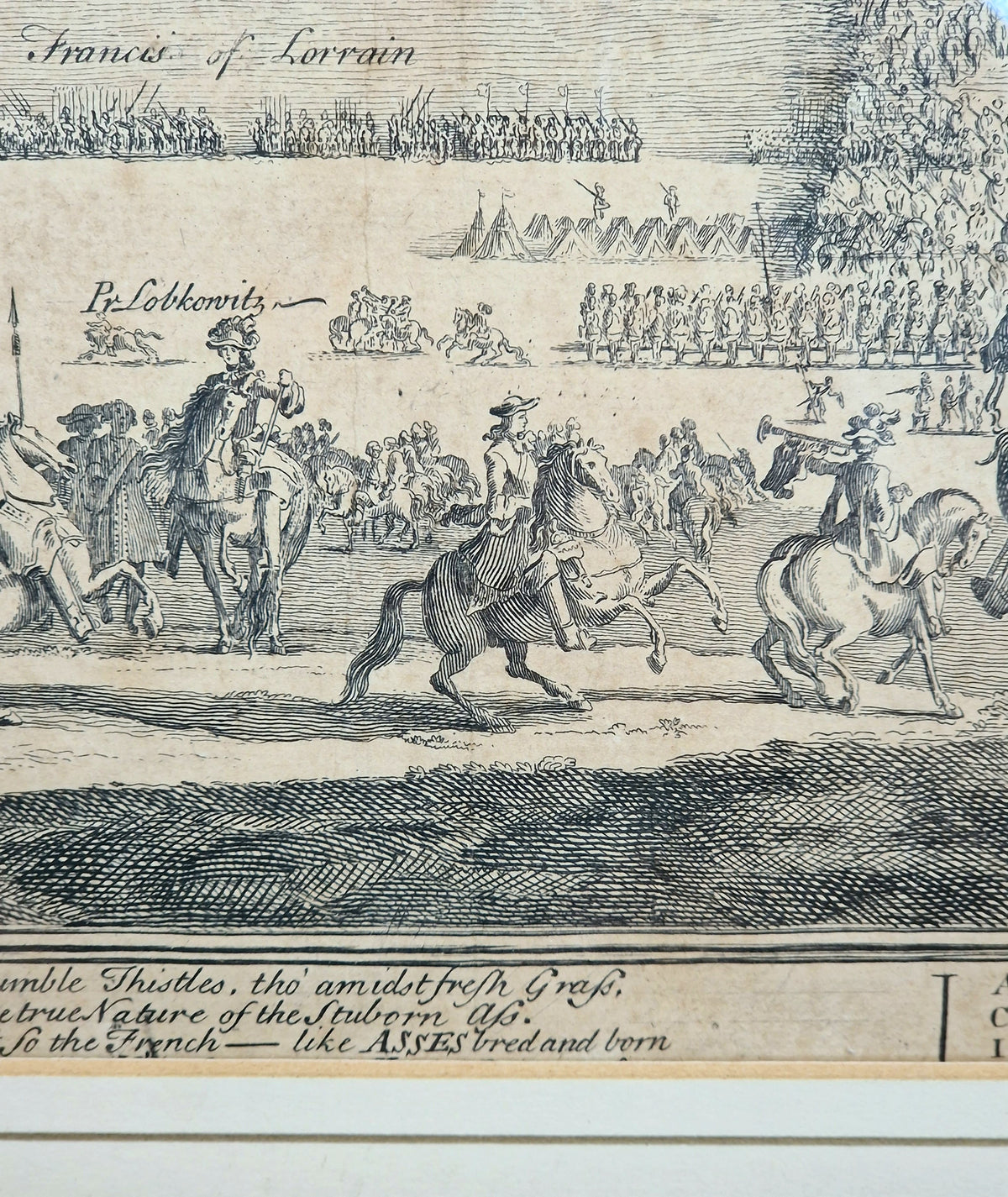 1742 Prague Siege Antique Copperplate Engraving John Bickham Military Battle Map Satire Print Framed