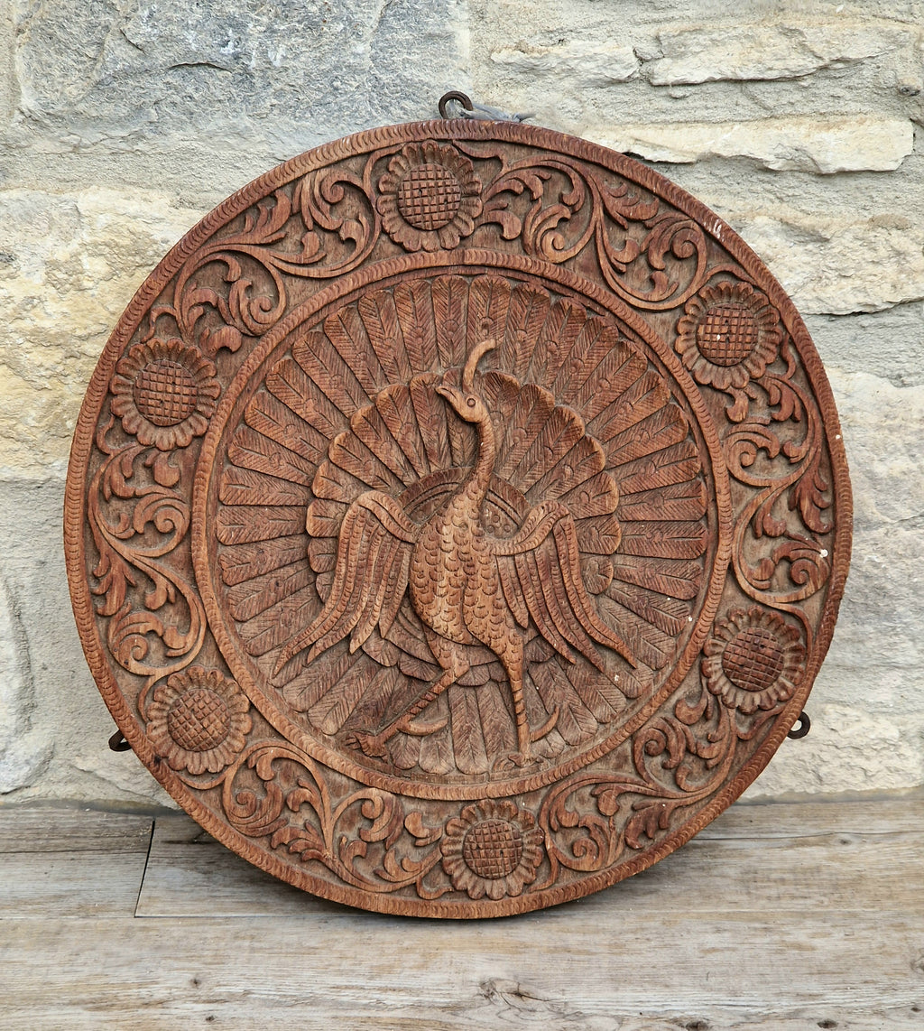 19th c. Colonial Anglo-Indian Hand-Carved Teak Wood Dancing Peacock Disc Panel 30cm