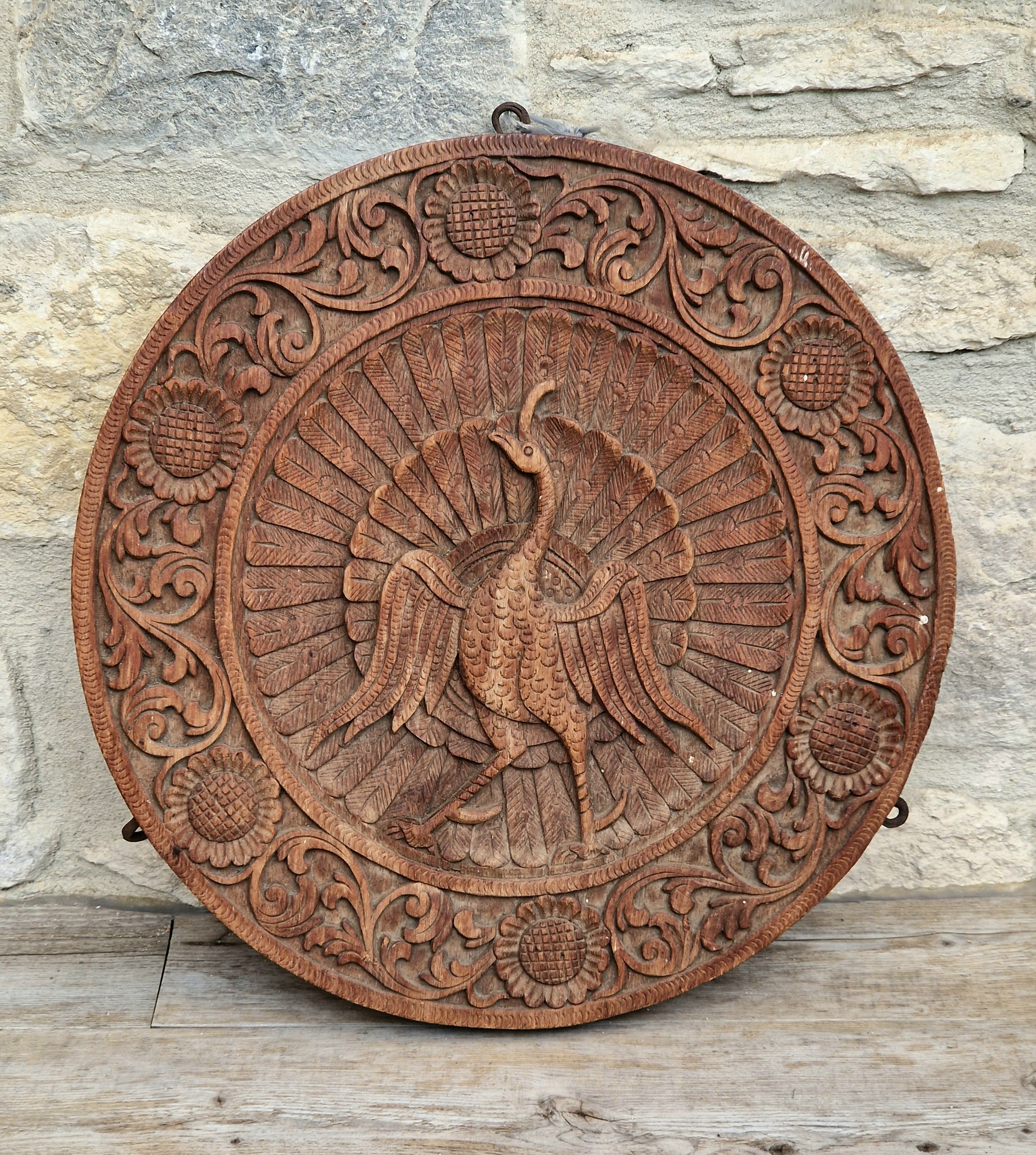 19th c. Colonial Anglo-Indian Hand-Carved Teak Wood Dancing Peacock Disc Panel 30cm