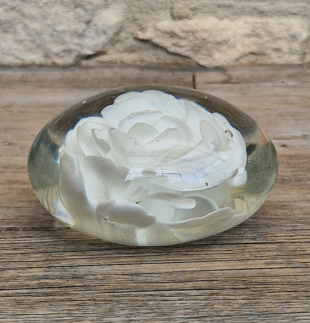 Vintage White Rose Lenticular Glass Paperweight