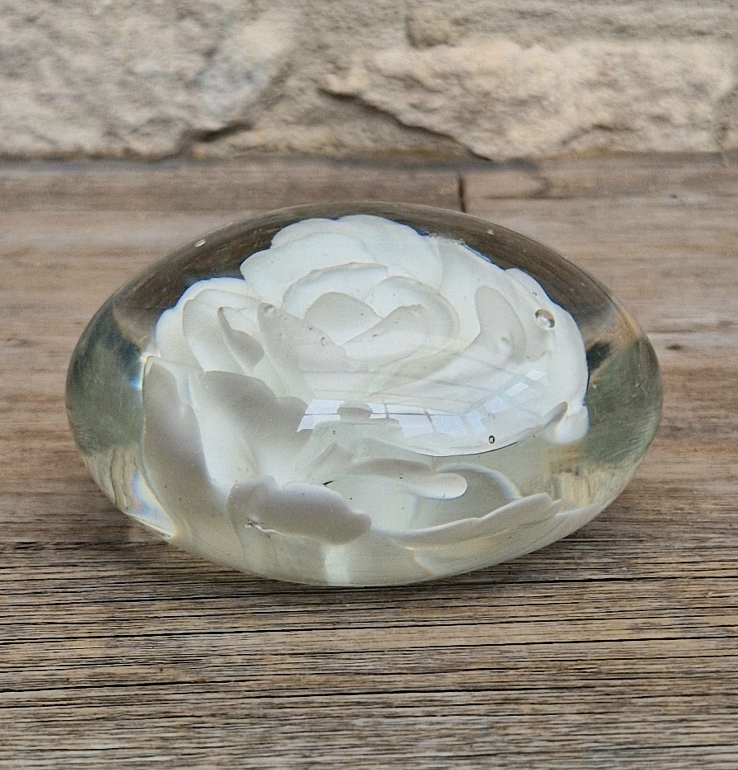 Vintage White Rose Lenticular Glass Paperweight