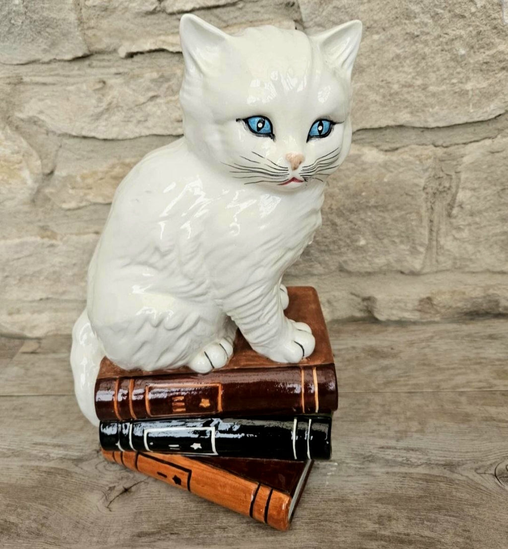 Vintage Italian White Cat Figurine Ornament Sitting on Books Ceramic Figure 11.5 lnch Tall
