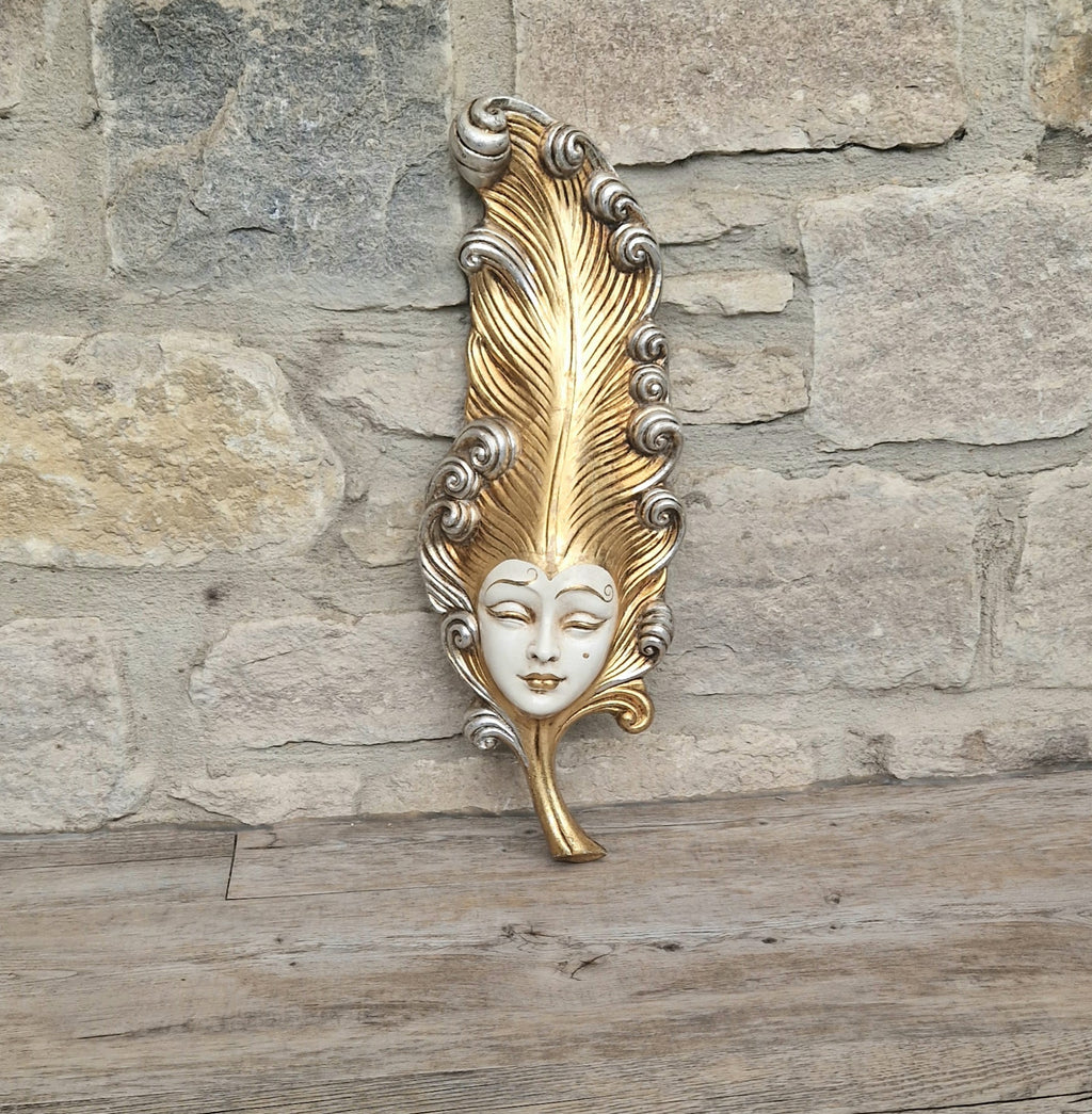 Vintage Venetian Wall Mask Feather Leaf Ceramic Gold Silver Made Italy 38cm Long