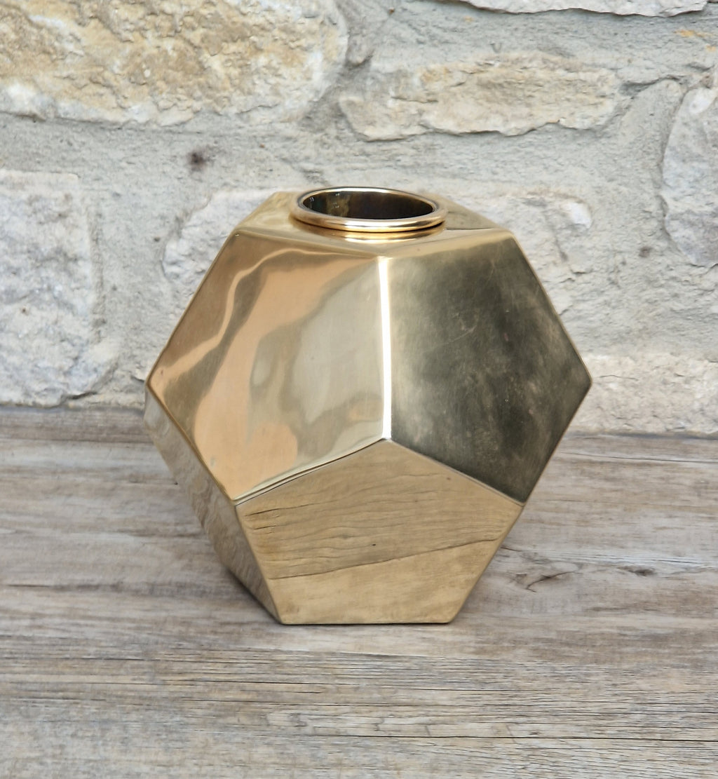 Antique Geometric Brass Dodecahedron Vase Secessionist Jugendstil Planter With Copper Removable Insert Liner