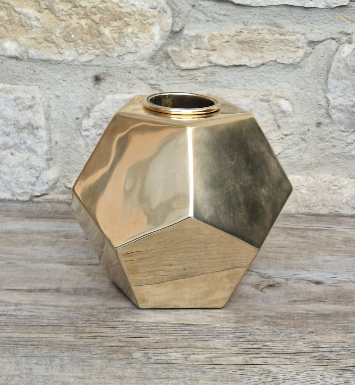 Antique Geometric Brass Dodecahedron Vase Secessionist Jugendstil Planter With Copper Removable Insert Liner