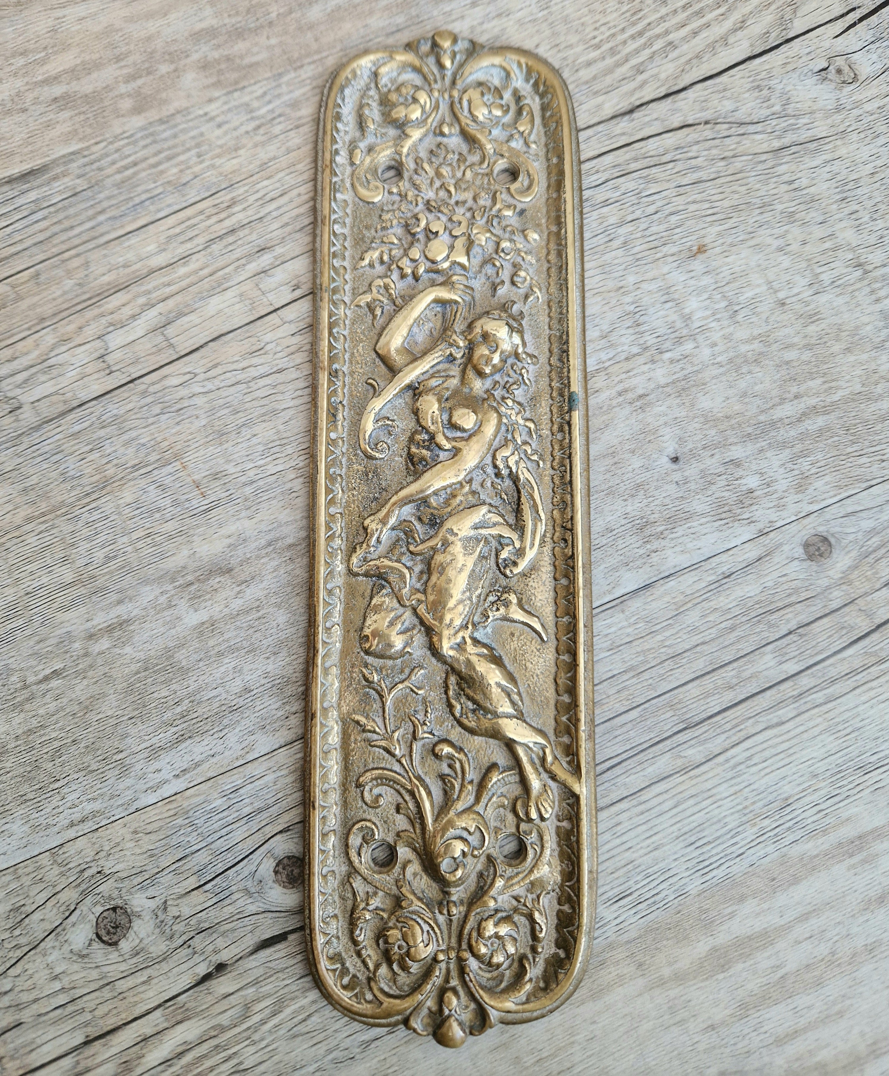 Cast Brass Art Nouveau Figural Relief Large Door Push Finger Plate Antique