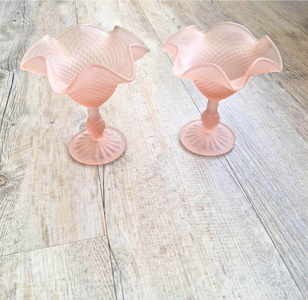 Vintage Pink Satin Glass Hobnail Pedestal Sundae Dessert Glasses Set of 2 Retro Dishes