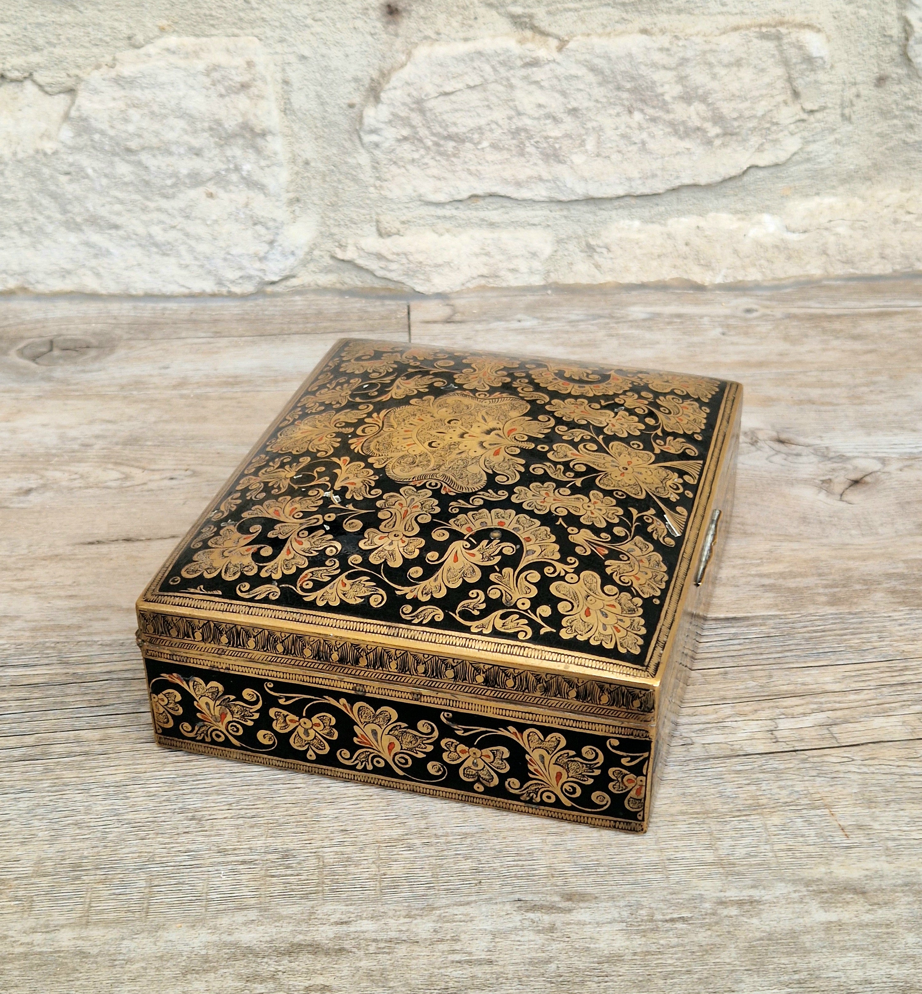 Vintage Brass Black Enamelled Large Ornate Teak-Lined Desk Cigar Box