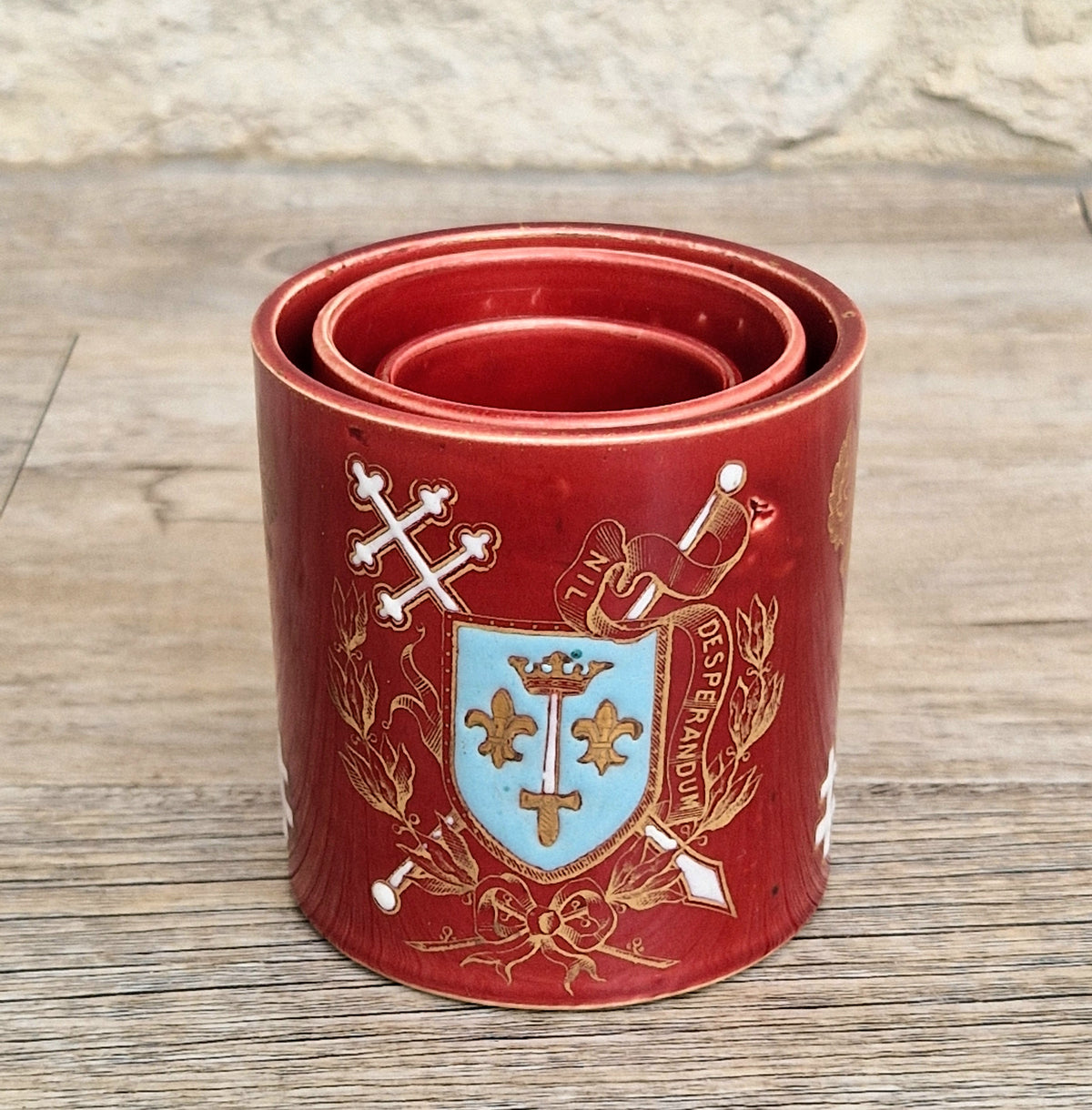 Rare Antique French Lunéville Ceramic Nesting Beakers, Keller & Guérin, Lorraine Heraldry, Nil Desperandum, c.1890 Set