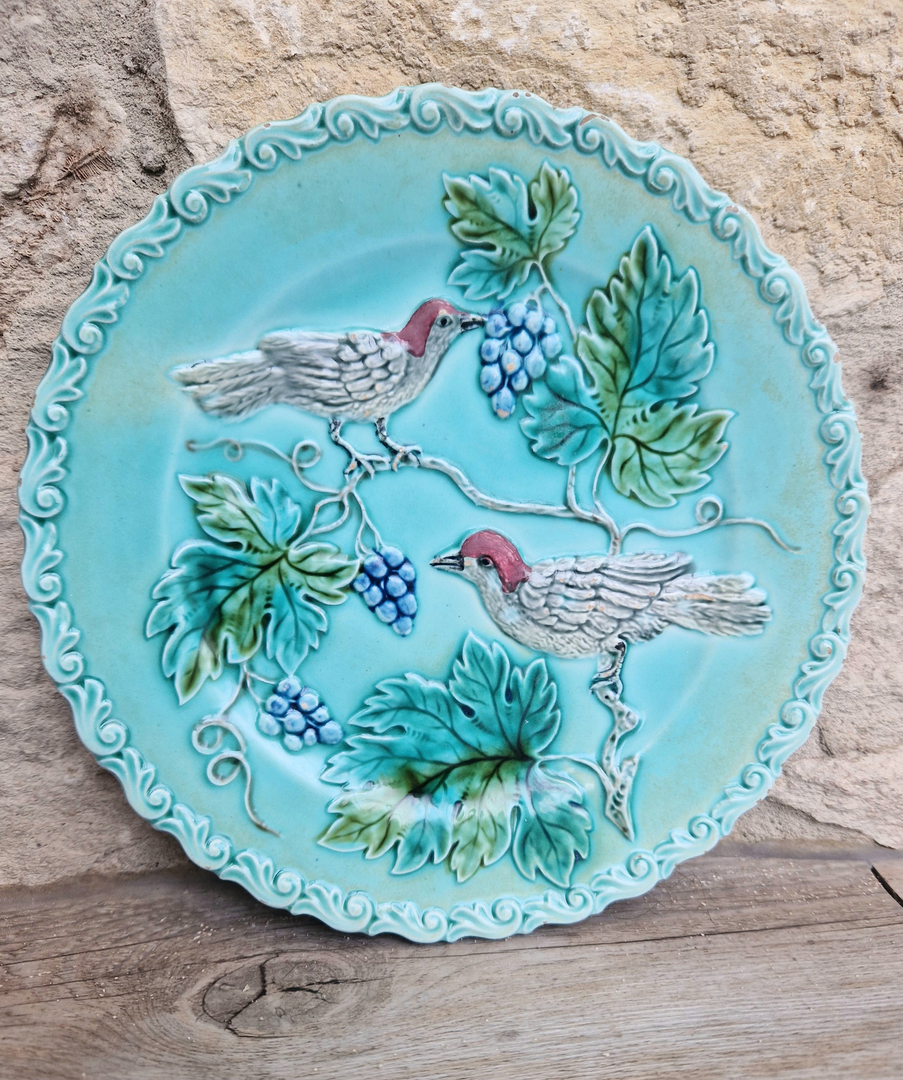 Antique Art Nouveau Continental Majolica Birds & Grapes Decorative Plate 19.3cm