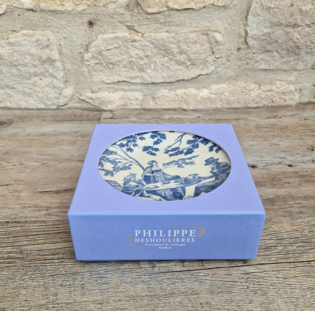 Set of Six Toile De Jouy Blue Salad or Dessert Plates Philippe Deshoulieres France. Boxed & Unused