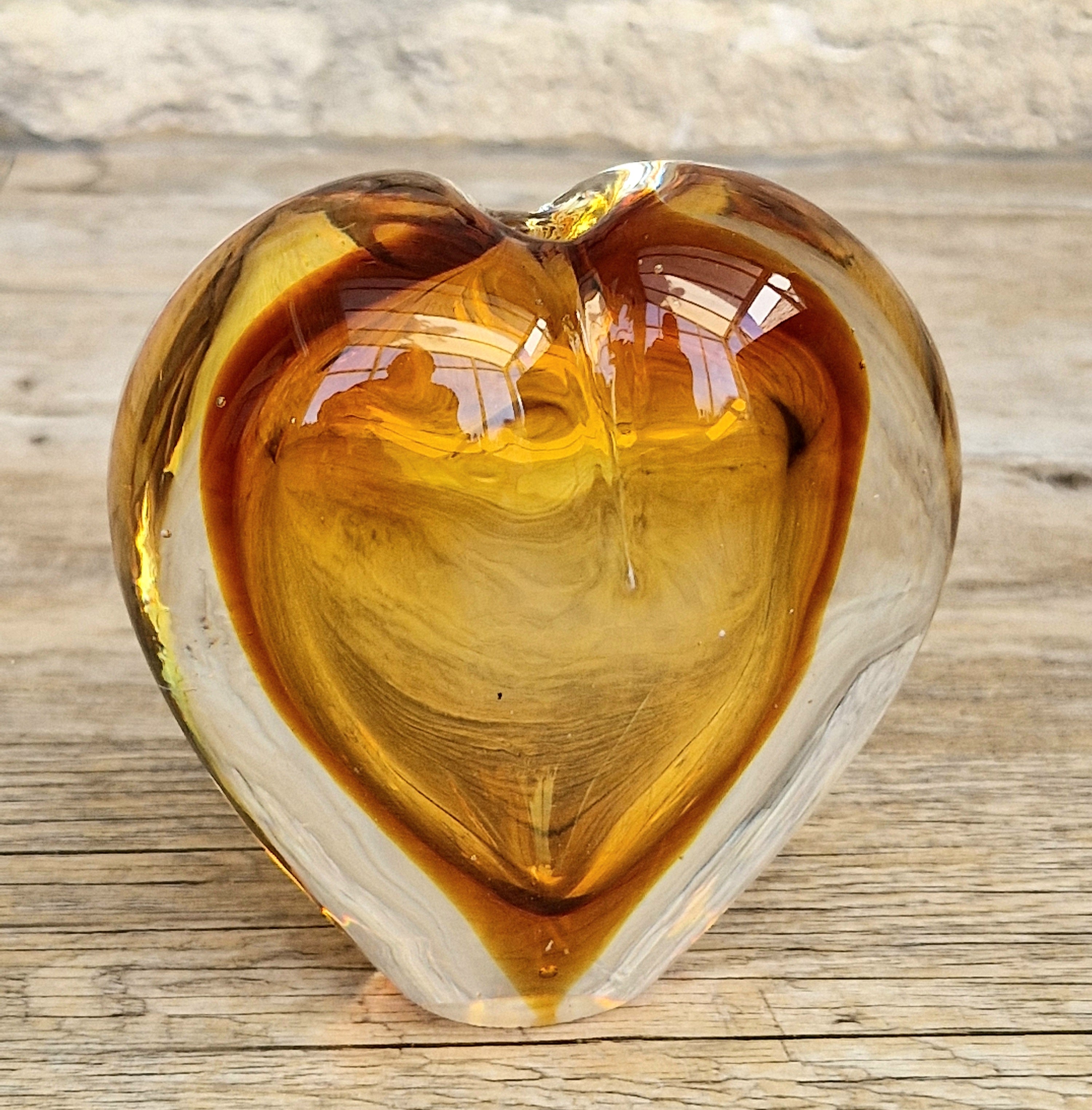 Vintage Mid Century Murano Sommerso Amber Art Glass Heart Vase Paperweight Seguso Sculptural Decor