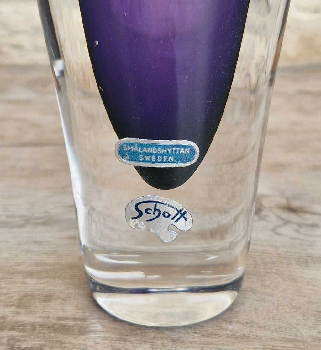 Vintage Smålandshyttan Sweden Amethyst Glass Vase Josef Schott Double Label Mid Century 20cm