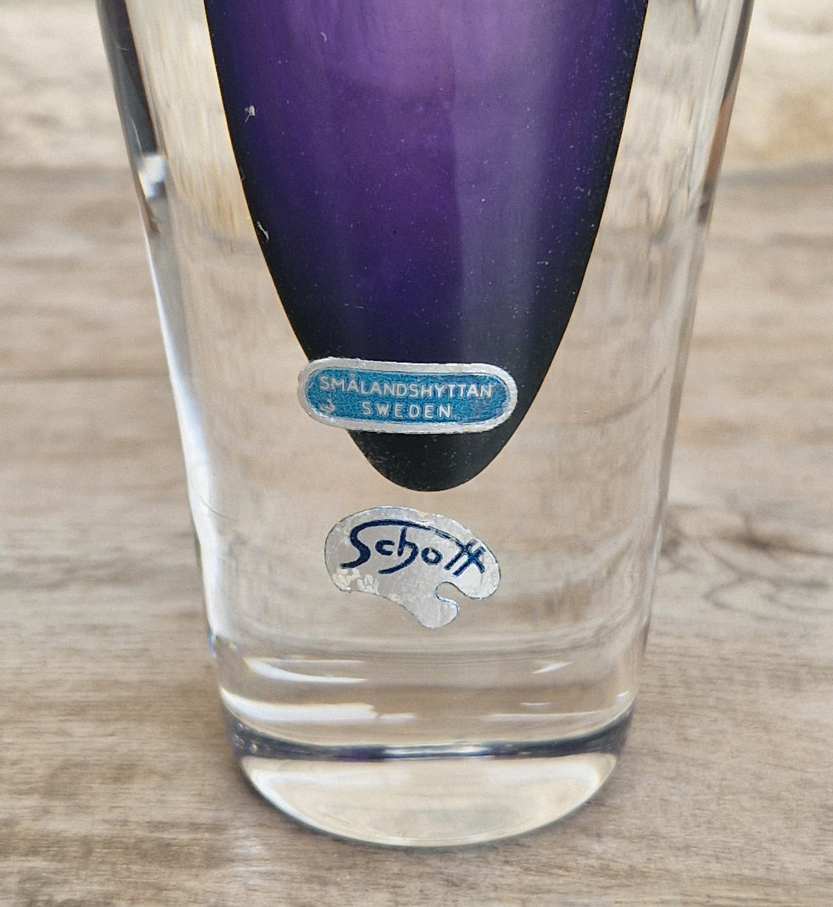 Vintage Smålandshyttan Sweden Amethyst Glass Vase Josef Schott Double Label Mid Century 20cm
