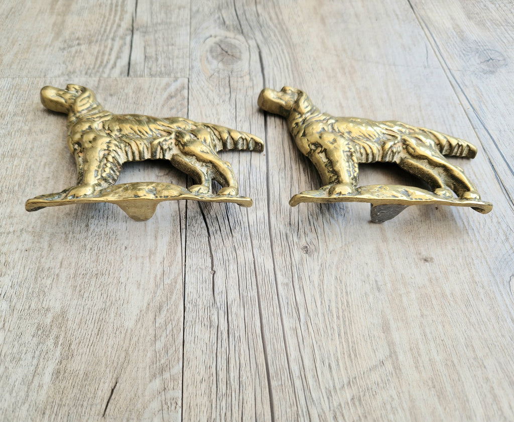 Pair of Vintage Brass Irish Setter Dogs Half Mold Stand Desk Ornaments