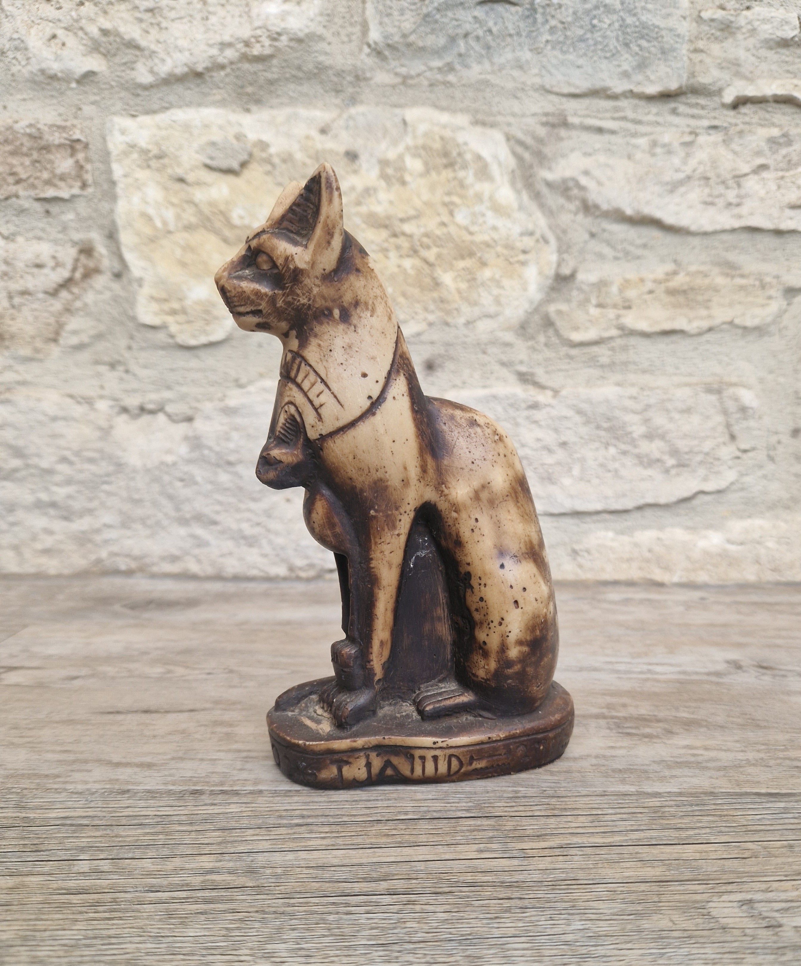 Vintage Hand Carved Stone Bastet Cat Figurine - Egyptian Goddess Ornament