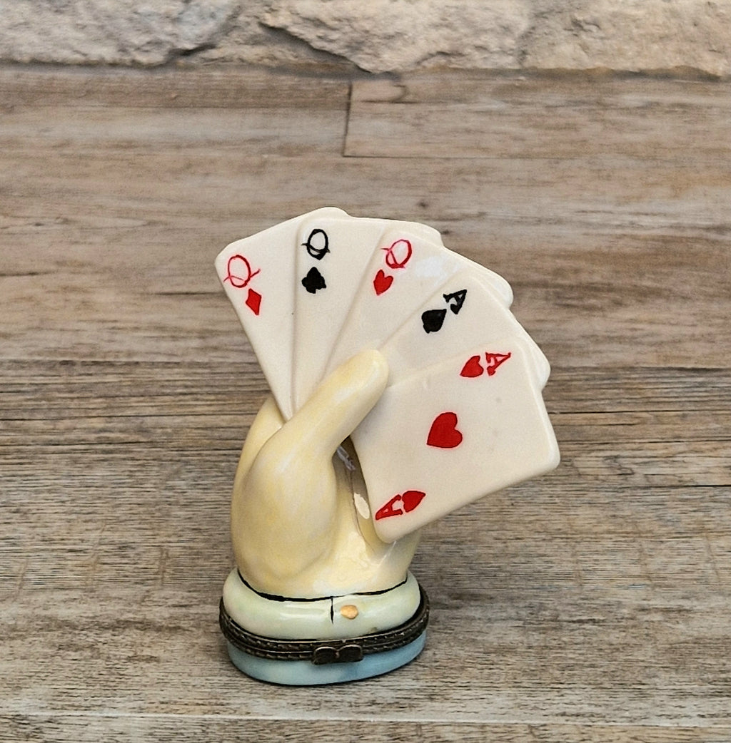 Vintage Rare Limoges Ceramic Poker Hand Full House Card Trinket Pill Box Casino
