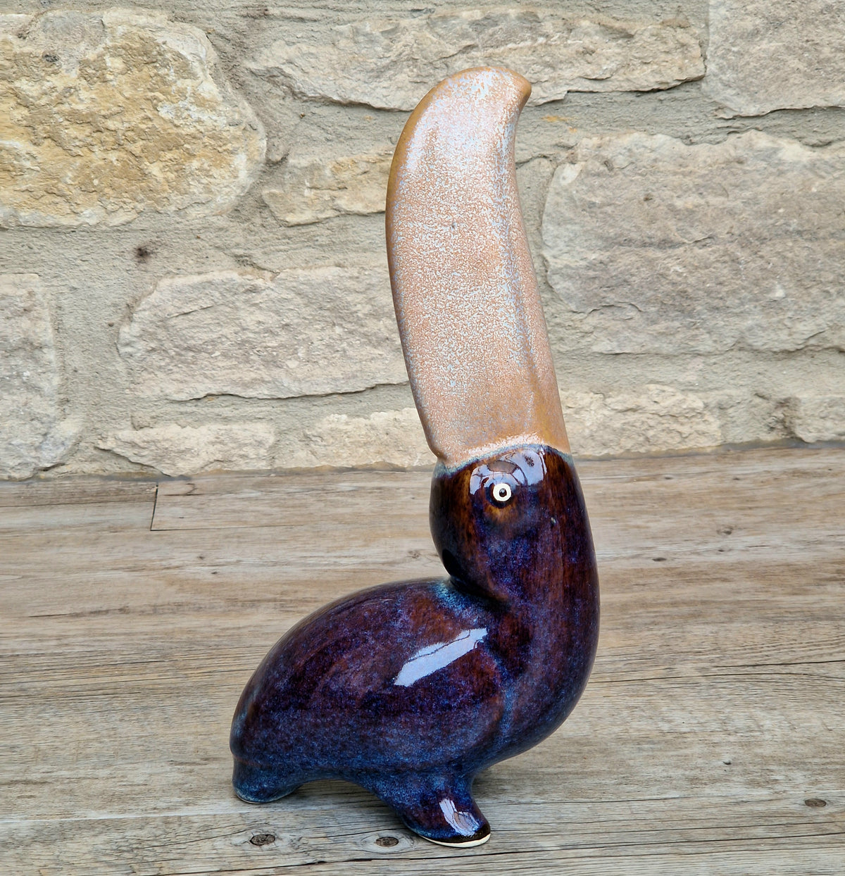 Rare 27cm Vintage Mid Century Ceramic Toucan Sculpture Mottled Treacle Blue Purple Art Pottery Bird