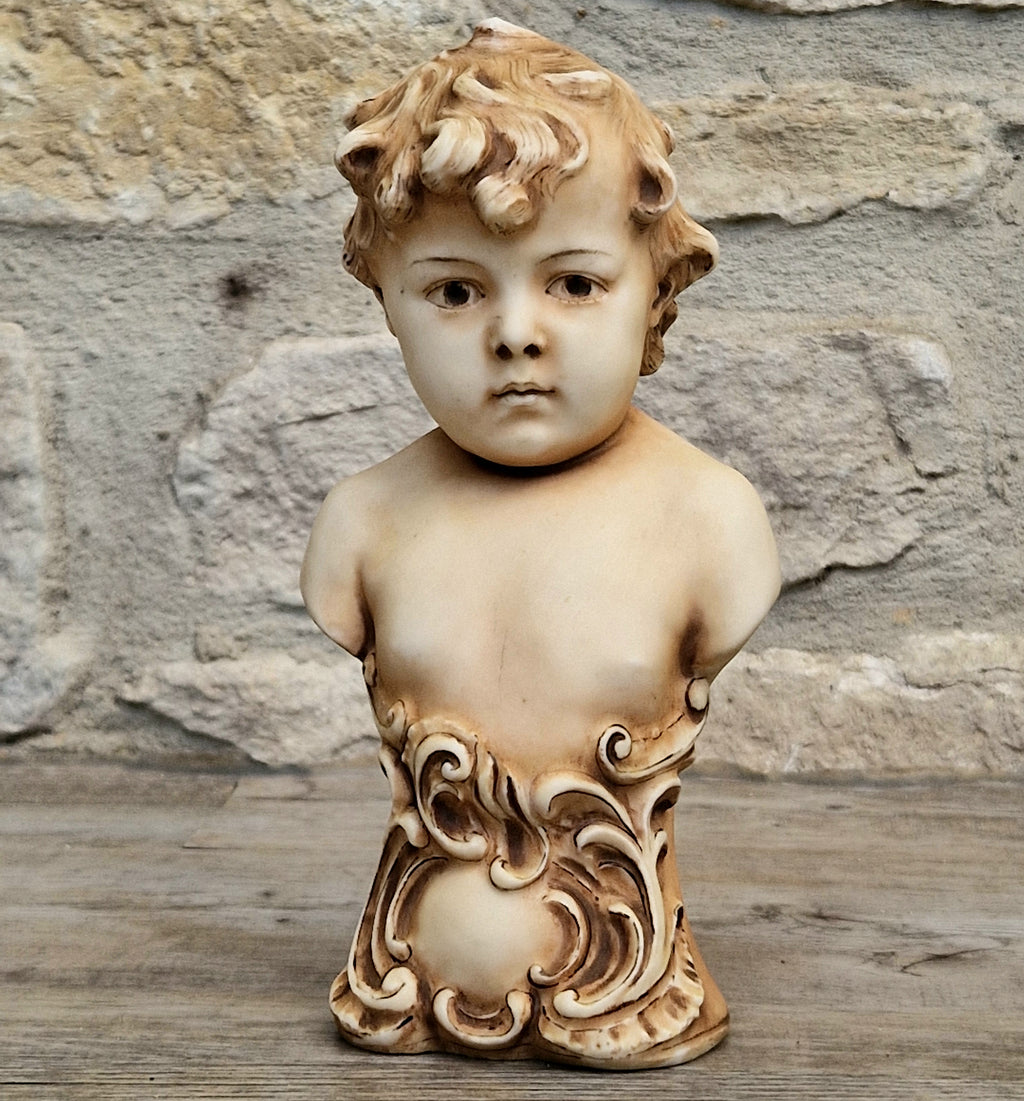 Antique NeoClassical Continental Patinated Bisque Porcelain Putti Boy Bust Figure Ornament