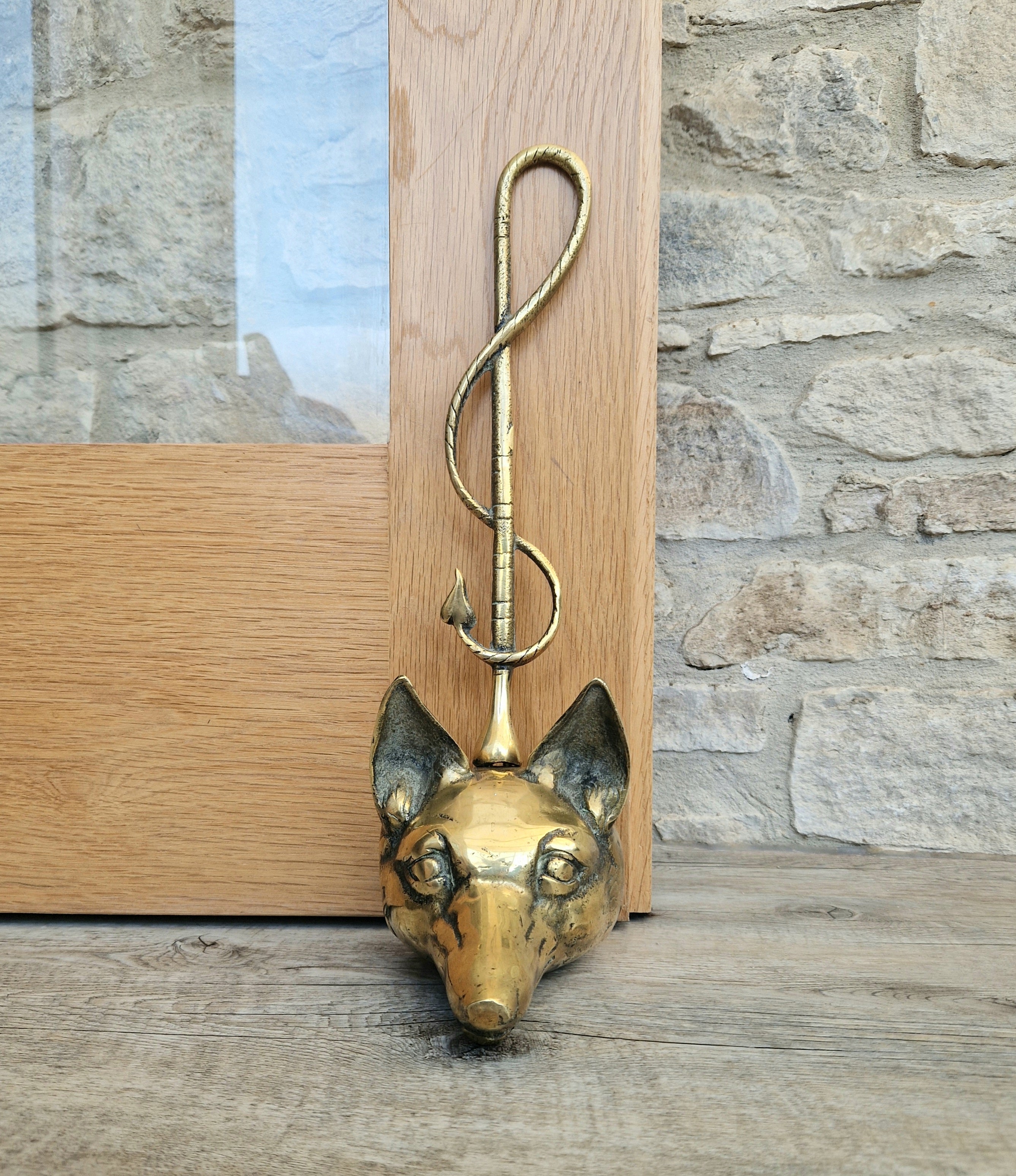Antique Cast Brass Fox Head Door Porter Door Stop 19th C.
