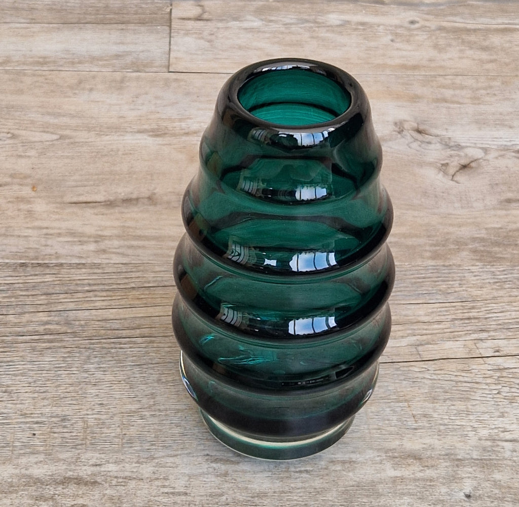 Midcentury Scandinavian Modern Hooped Vase Green Glass Magnor Norway, 1960