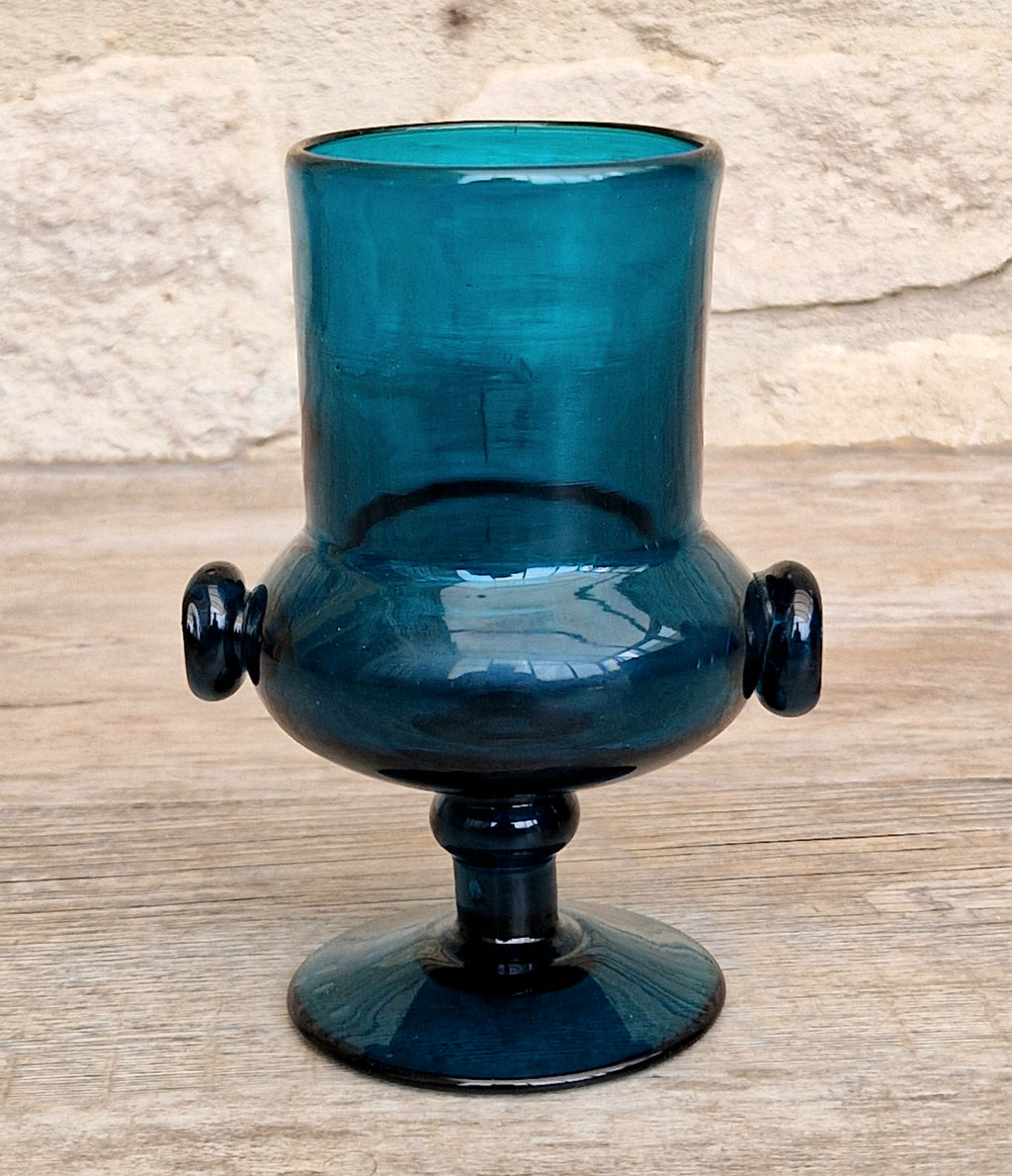 Mid-Century Bertil Vallien for Boda Glass "Basun" Blue Art Glass Wine Goblet Vase