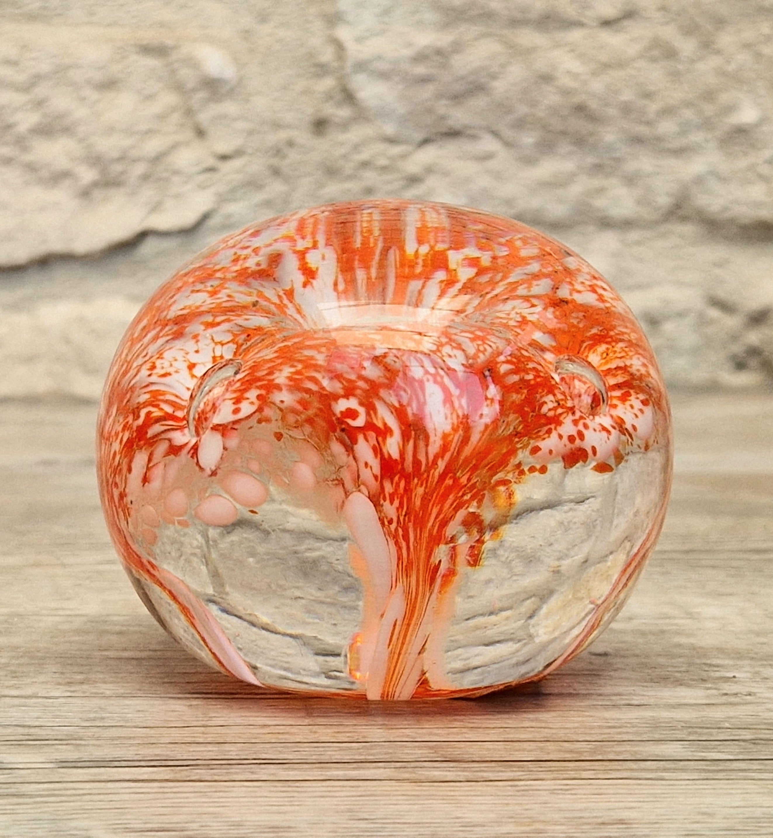 Vintage Rare Liskeard Glass Cornwall Orange & White Bubble Sphere Paperweight 1975
