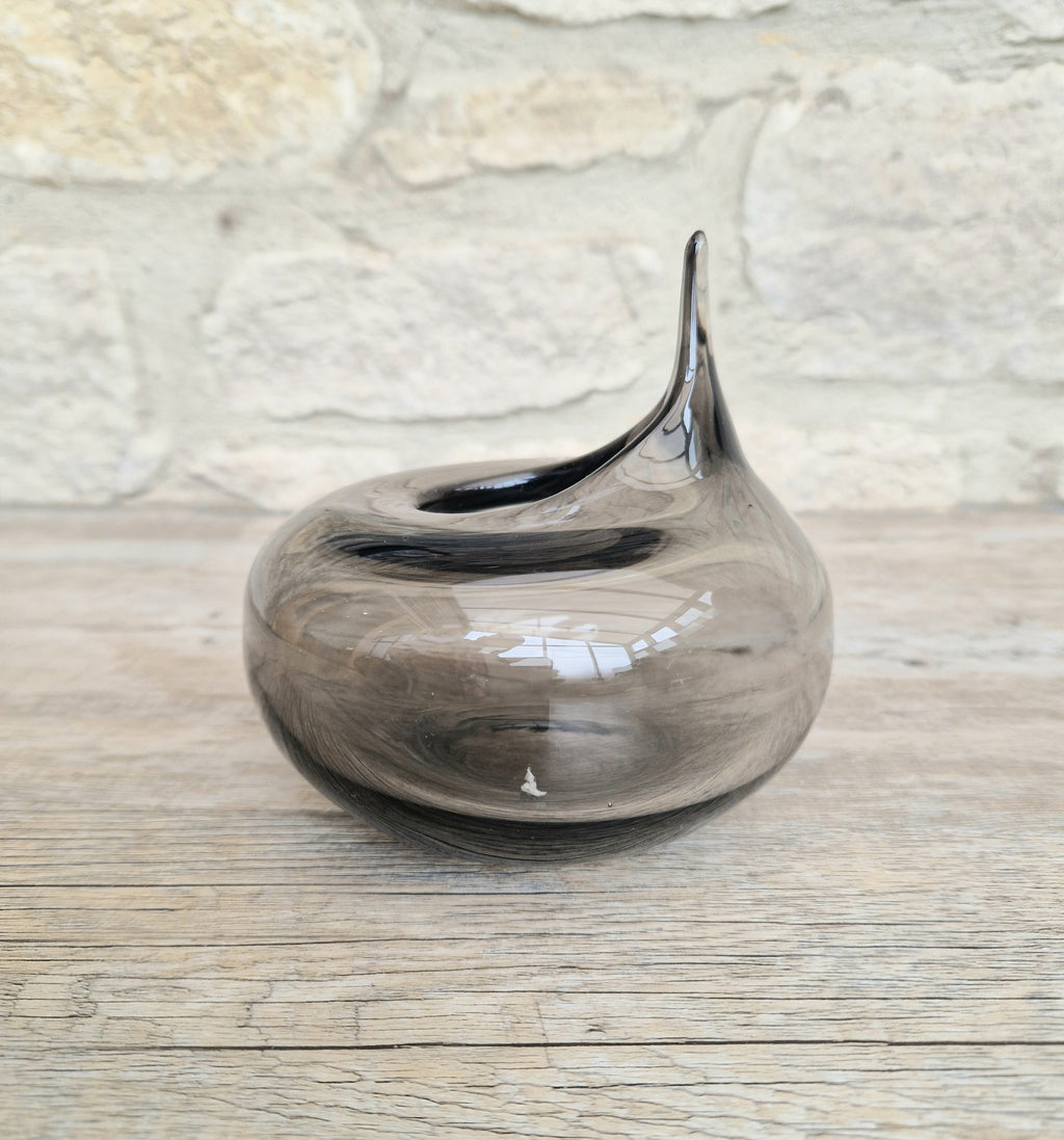Mid Century Smoke Art Glass Space-age Round Beaked Vase