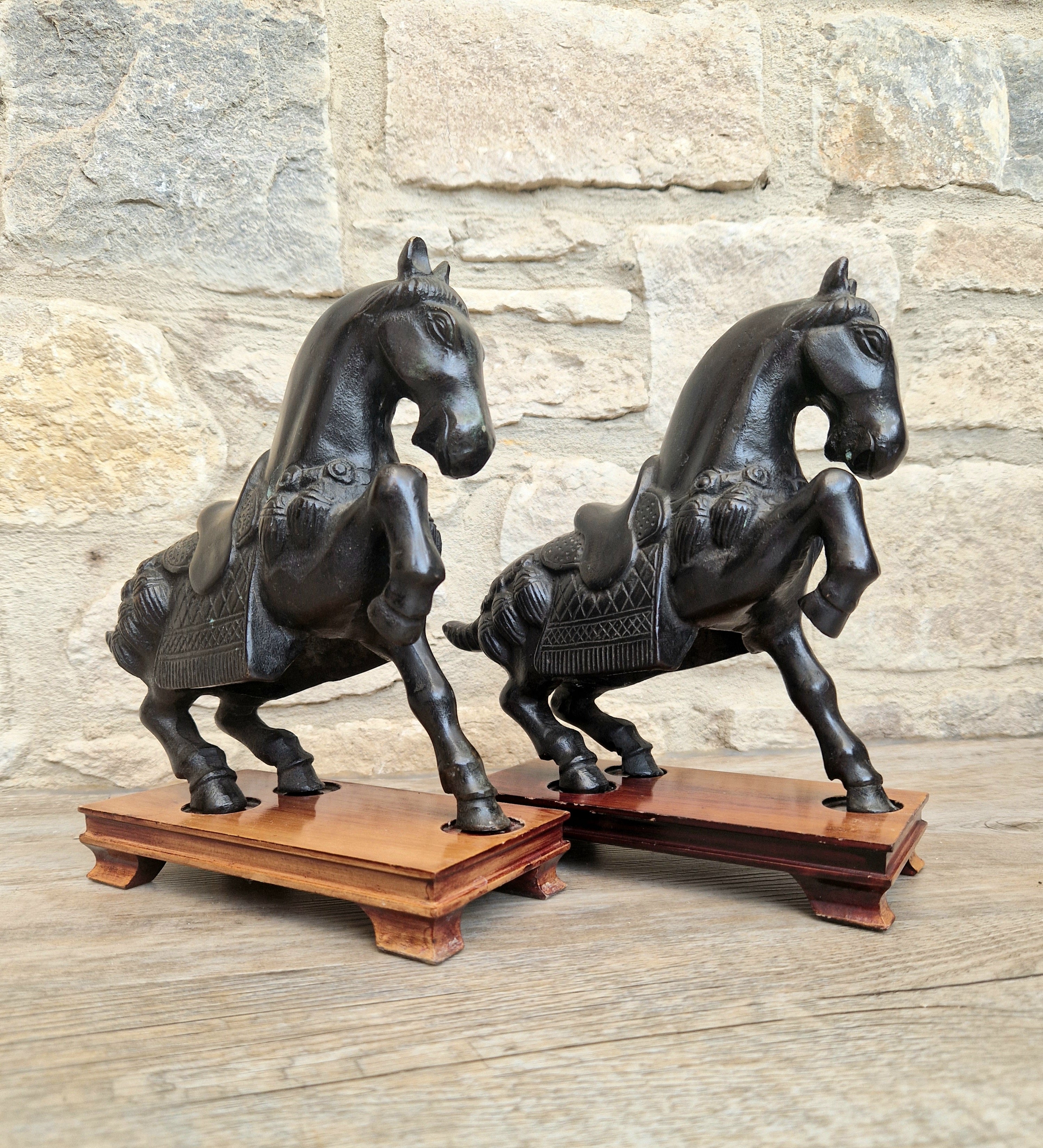 Fine Pair of Vintage Heavy Cast Bronze Tang-Style Chinese Horse Sculptures On Wooden Plinths