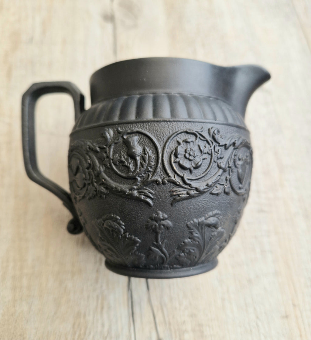 Antique Wedgwood Black Basalt Union Jug Creamer Pitcher Four Home Nations Relief Molded