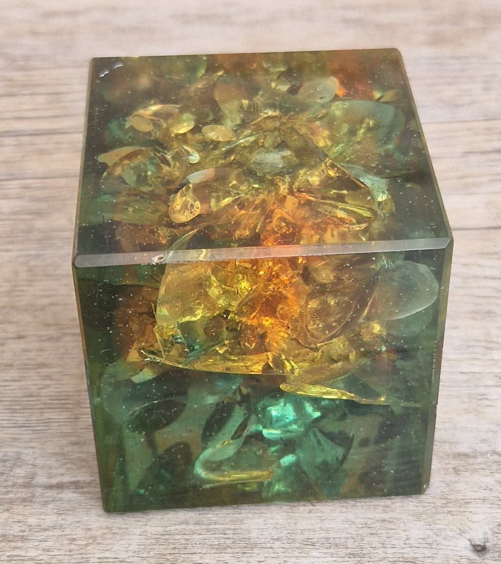 Vintage 1960s Shattaline Resin Cube Paperweight Amber Green Fractured Ice Mid Century Desk Ornament