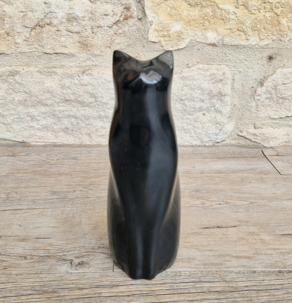 Perry Lancaster Sitting Cat Sculpture – Gloss Black Resin Figurine,Mid Century Decor 17cm
