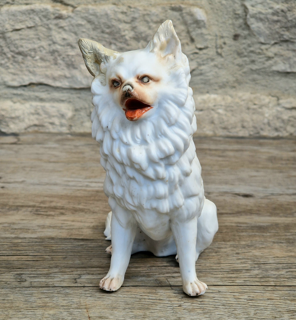 Antique Heubach Bisque Sitting Panting Spitz Dog: German Figure, Circa 1864-1880