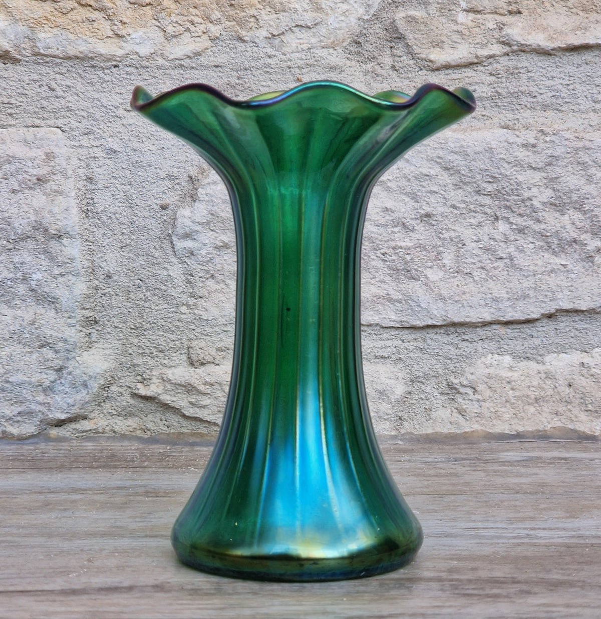 Antique Loetz Art Nouveau Creta Glatt Iridescent Green Glass Fluted Vase Polished Pontil c1900