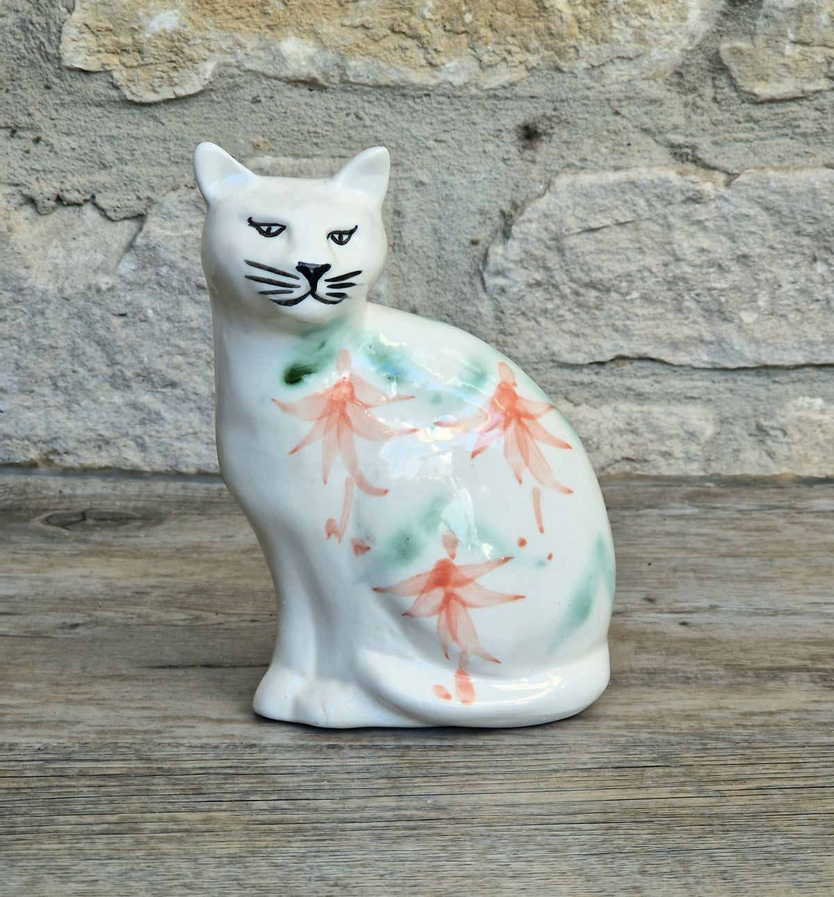 Vintage Moorland Pottery Seated Cat Figurine Hand Painted Fuchsia Floral Staffordshire Art Pottery