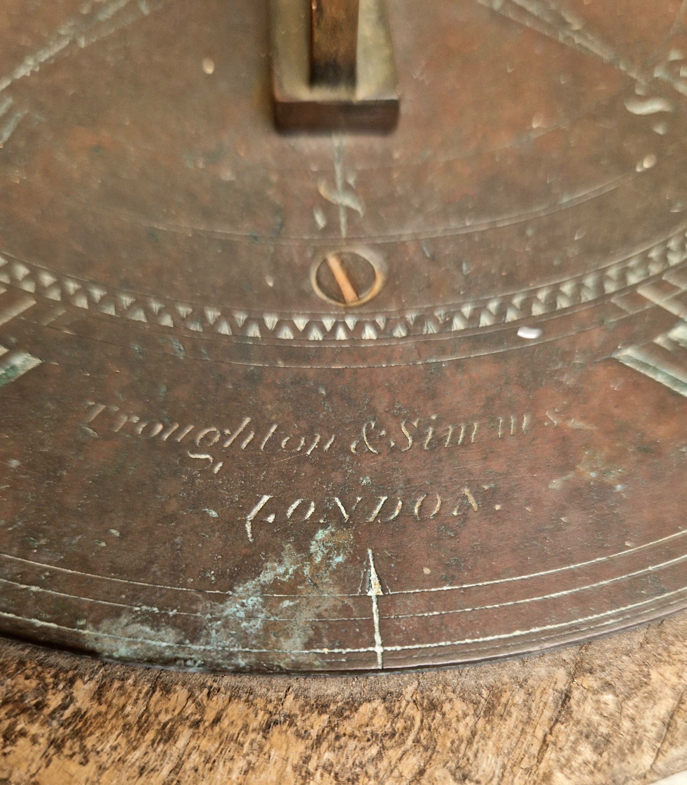 Antique Troughton & Simms London Brass Sundial, Mid-Victorian Horizontal Garden Dial Plate c.1850