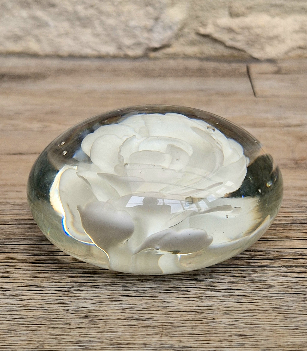 Vintage White Rose Lenticular Glass Paperweight
