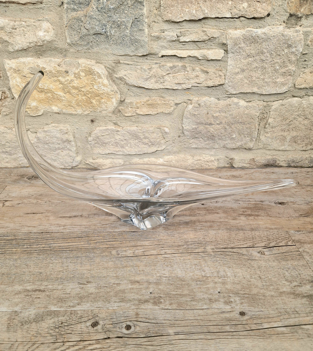 Vintage Art Vannes France Signed Lead Crystal Centerpiece | 1950s Mid Century Modern Biomorphic Freeform Sculptural Glass Bowl