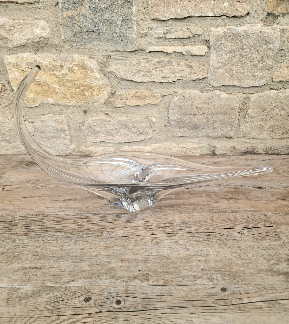 Vintage Art Vannes France Signed Lead Crystal Centerpiece | 1950s Mid Century Modern Biomorphic Freeform Sculptural Glass Bowl
