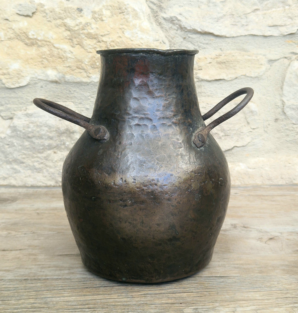18th Century Hammered Bronze Cauldron Pot Wrought Iron Handles Historic Repair Antique Kitchenalia Vessel